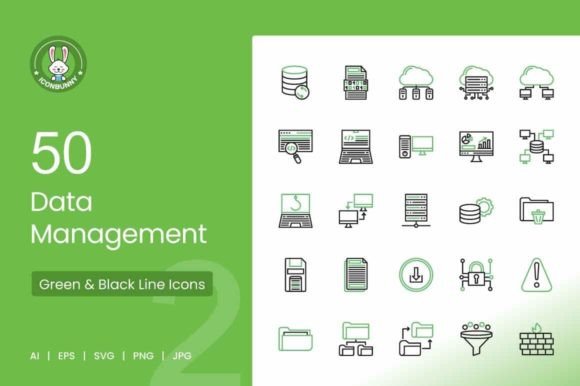 Download 50 Data Management Green &amp; Black Icons - Black Collection