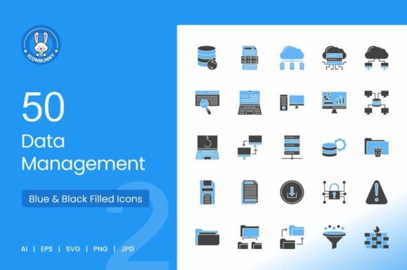 Download 50 Data Management Blue &amp; Black Icons - Black Collection