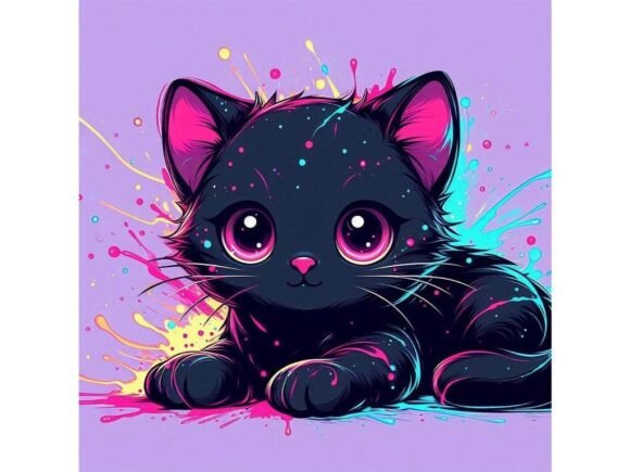 Download Adorable Black Kittenwith Neon Splashes - Black Collection