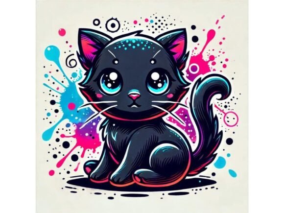 Download Adorable Black Kittenwith Neon Splashes - Black Collection