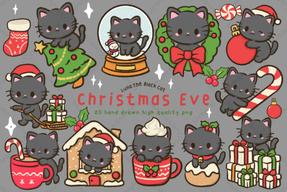 Download Kawaii Black Cat Christmas Eve Clipart - Black Collection